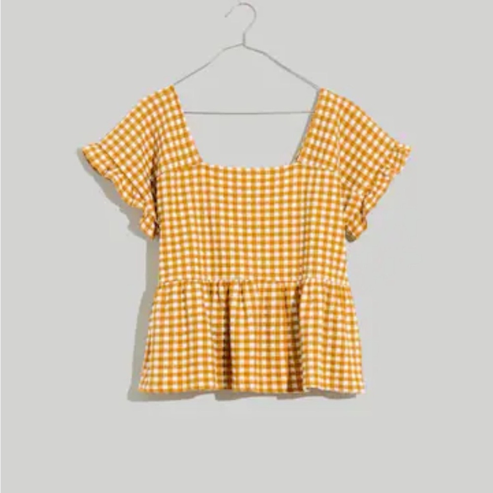 Madewell Gingham Peplum Top Cottagecore Mustard White Ruffle Flutter Sleeve S
